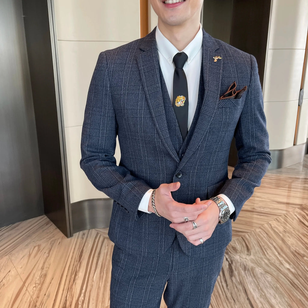 British Modified Plaid Three-Piece Suit for Men - Stylish Business Casual Suit Vest And Trousers Set