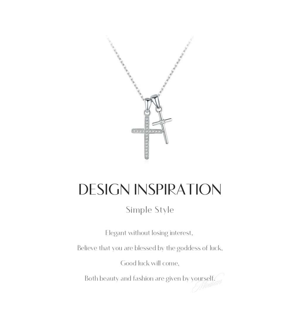 925 Sterling Silver Classic Delicate Double Cross Zircon Link Chain Pendant Necklace For Women Fine Jewelry Gifts