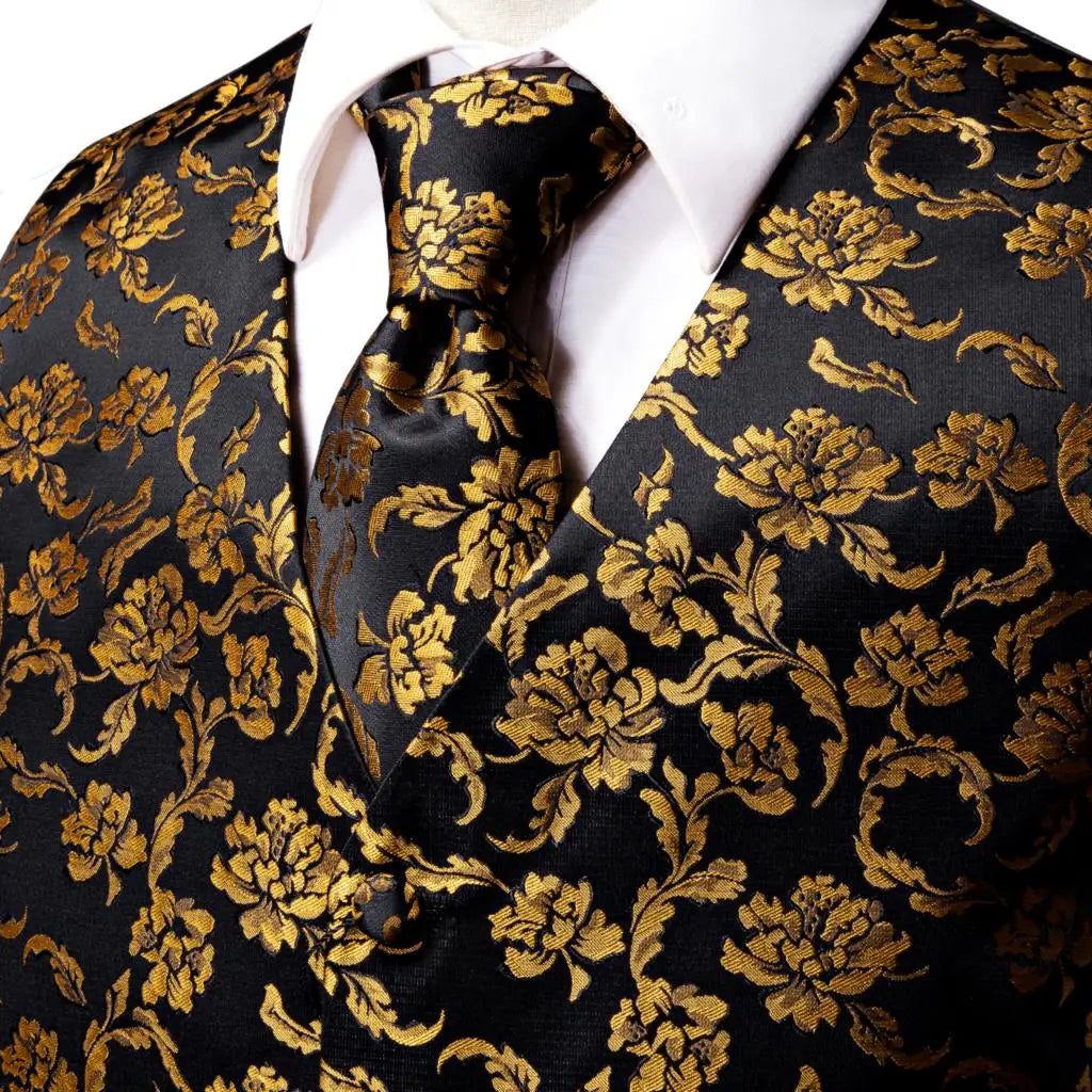 Fashion Silk Vest For Men Classic Gold Champane Yellow Waistcoat Jacket Tie Hankerchief Cufflinks Sets Dress Suit Wedding Hi-Tie
