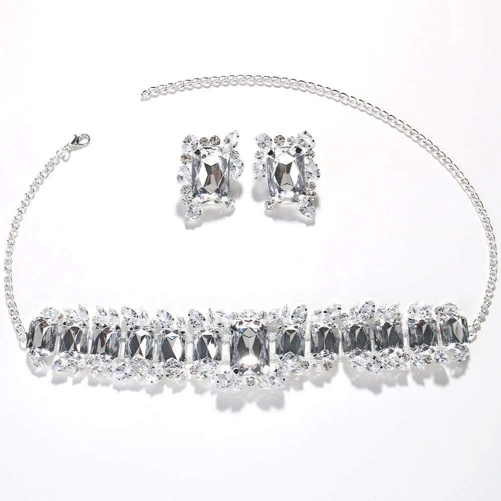 Bride Crystal Necklace Earrings Set Bridesmaid Wedding Jewellry Two Pieces Choker Necklace Prom Costume Jewelry Sets