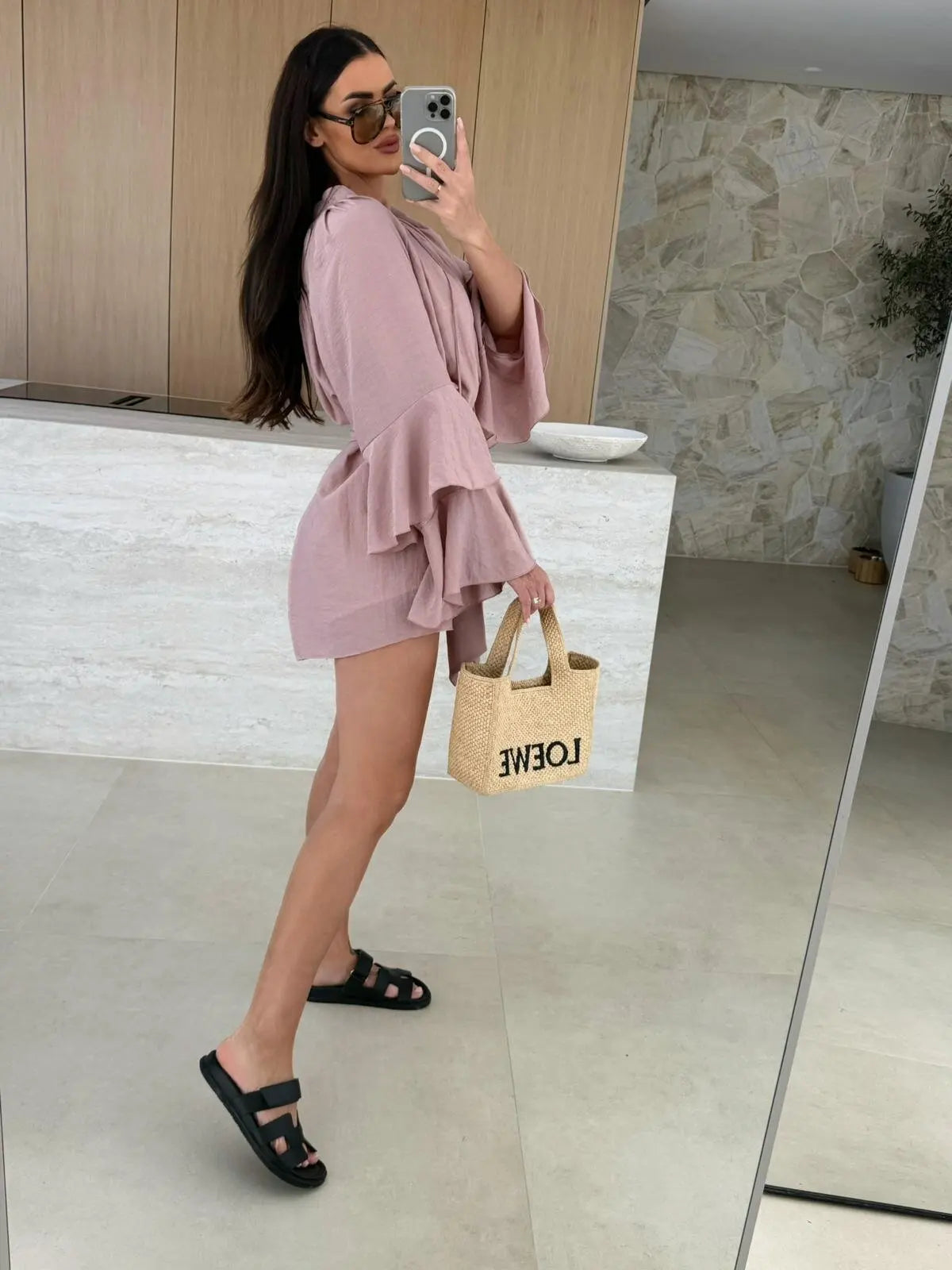 2026 Autumn Ruffle Loose Mini Dress Casual Flare Sleeve Holiday Dresses Sexy Deep V-neck Lace Up Solid Women's Dress Vestidos