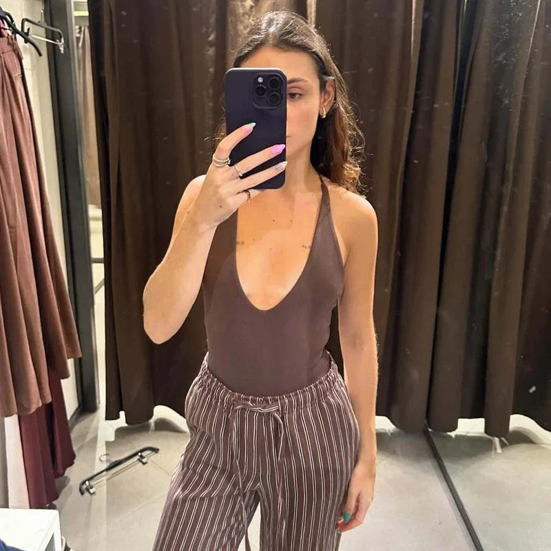 HXAO Female Bodysuit Summer Slip Off Shoulder One Piece Swimsuits Corset Backless Bodysuits Sexy Women Beach Black Brown Body