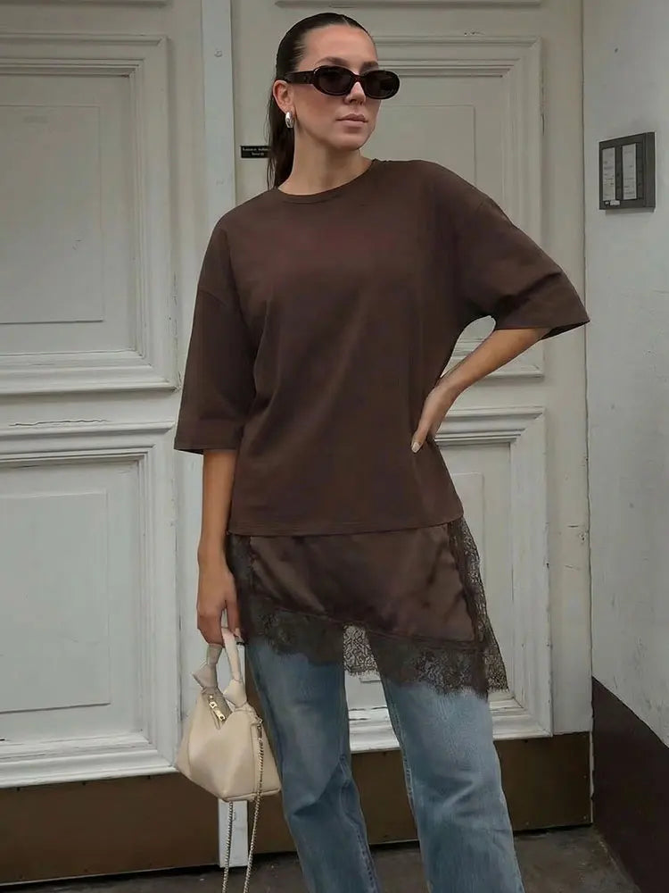 Women Vintage Solid Lace Patchwork T-Shirts Asymmetrical Hem O Neck Short Sleeve Shirt 2026 Trend High Street Lady Chic TEES