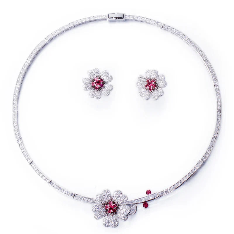 Druzy CZ Stone Big Red Flower Wedding Bridal Choker Necklace and Earrings Party Costume Jewelry Sets for Brides T0518
