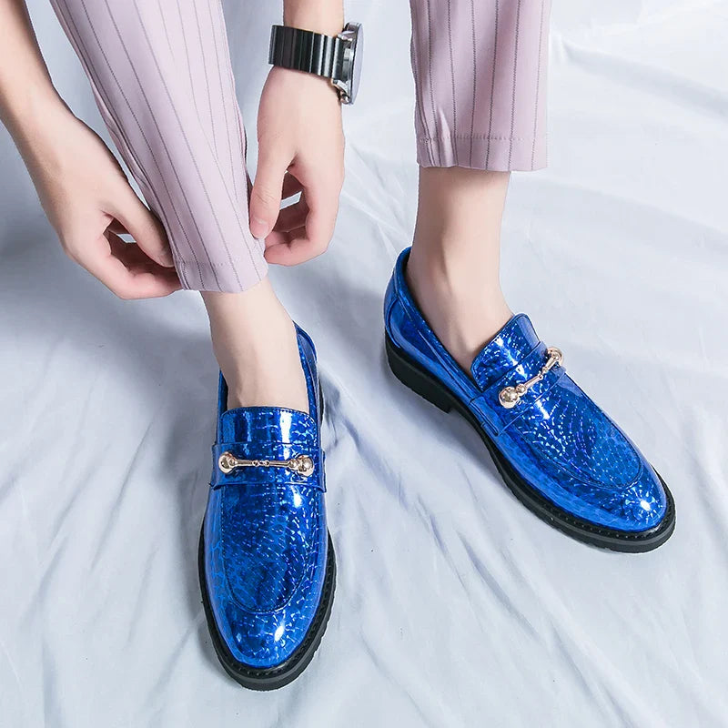 Men's Glossy Leather Shoes European American Luxury Blue High-end Banquet Loafers Commuting Party Dress Formal Shoes Size：38-46