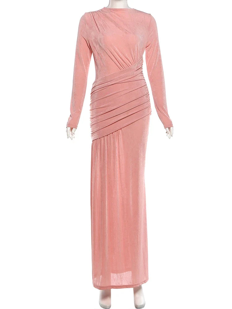Nibber Folds Maxi Dress Women o-Neck Full Sleeve Solid Banquet Elegant Vacation Fashion Autumn Skinny Casual Simple Vestidos