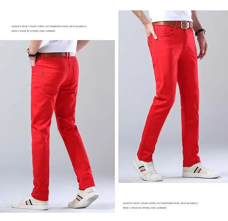 2024 Autumn New Men's Stretch Fit Jeans Bright Trendy Denim Straight-leg Trousers Male Red Lake Blue Yellow Trousers