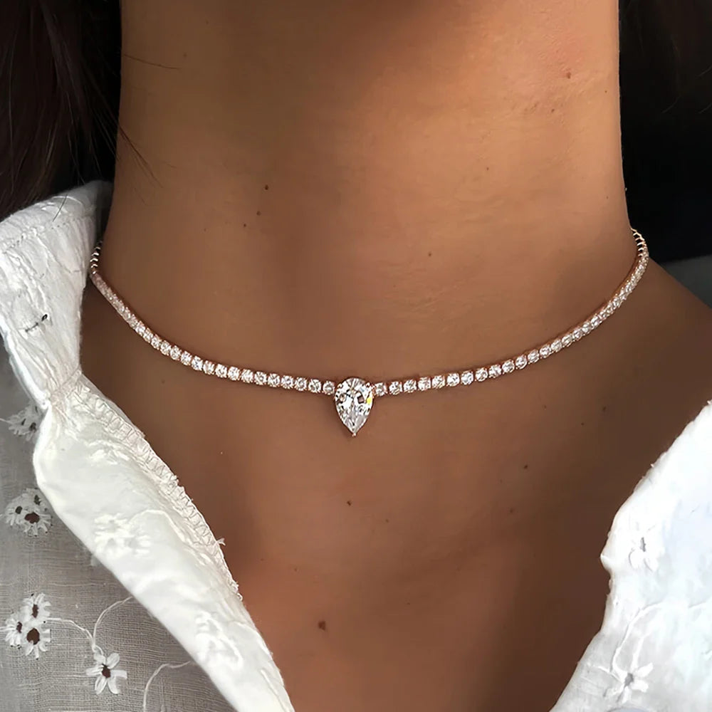 Certified Full Moissanite Riviera Tennis Necklace with Waterdrop Diamond Pendant for Women 925 Sterling Silver Adjustable Choker