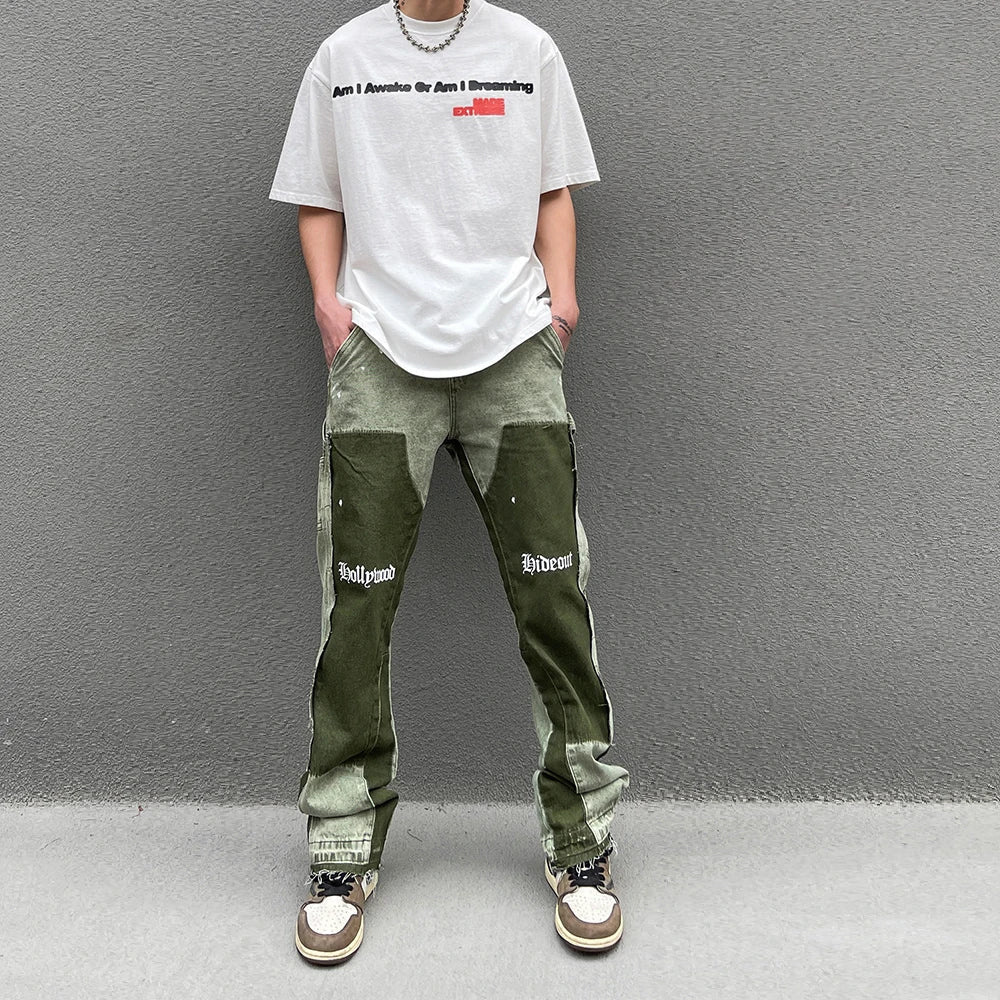 Vintage Distressed Jeans Green Graffiti Men's Flared Denim Jean