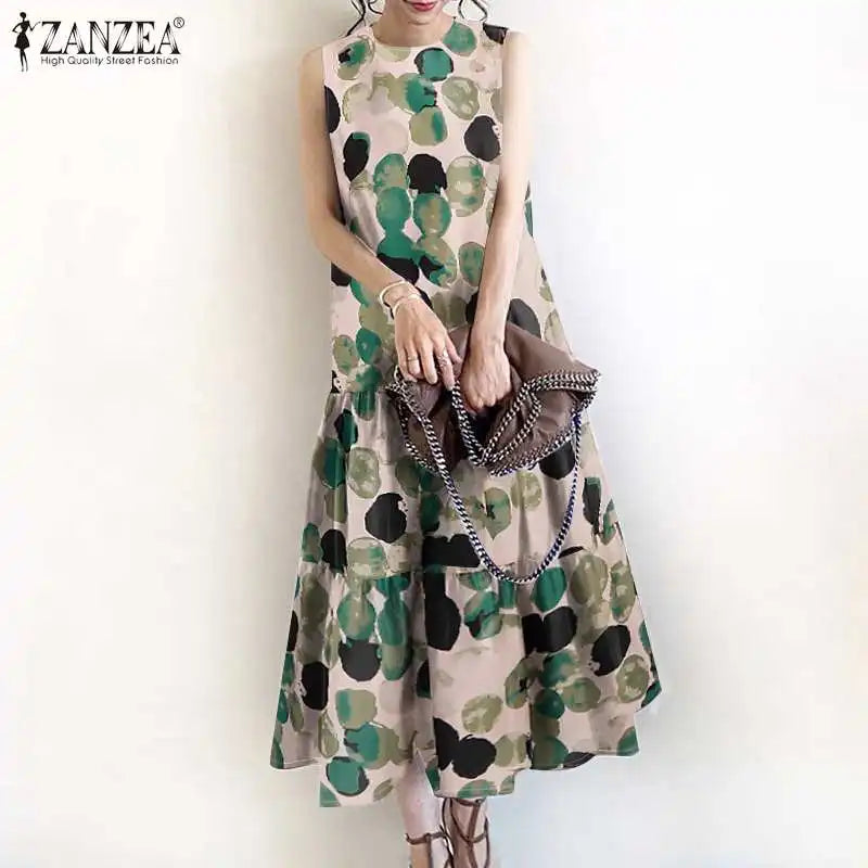 2024 Bohemian Sleeveless Summer Dresses Women Floral Printed Sundress Fashion Casual Ruffles Hem Long Vestido Robe Femme