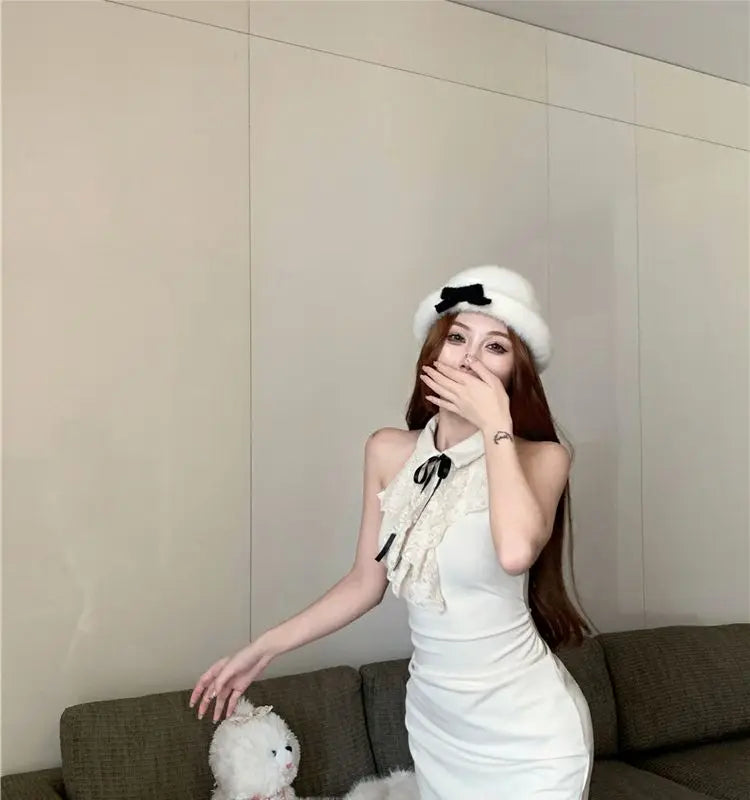 Kimotimo Hotsweet Y2k Dress Women Lace Splicing Bow Halter Waist Slim Fit Hip Mini Dresses Fashion Birthday Party Vestido Summer