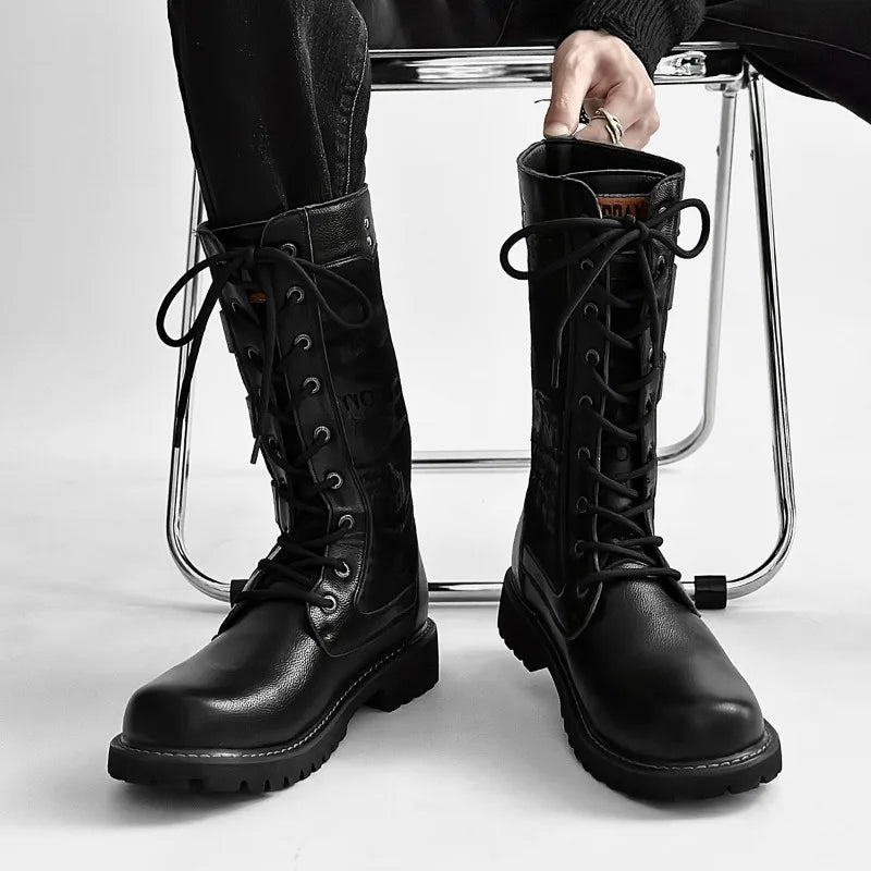 Men's High-top Boots Fashion Street Rock Punk Boots Motorcycle Boots for Men Lace-up Platform Boot Mid-Calf Casual Leather Botas