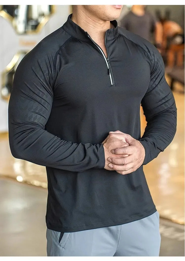 New Autumn Winter Running Gym Men Shirt Long Sleeve Tees Elastic Fit Sports Training Fitness Quick Dry Zip Collar Polo T Shirt