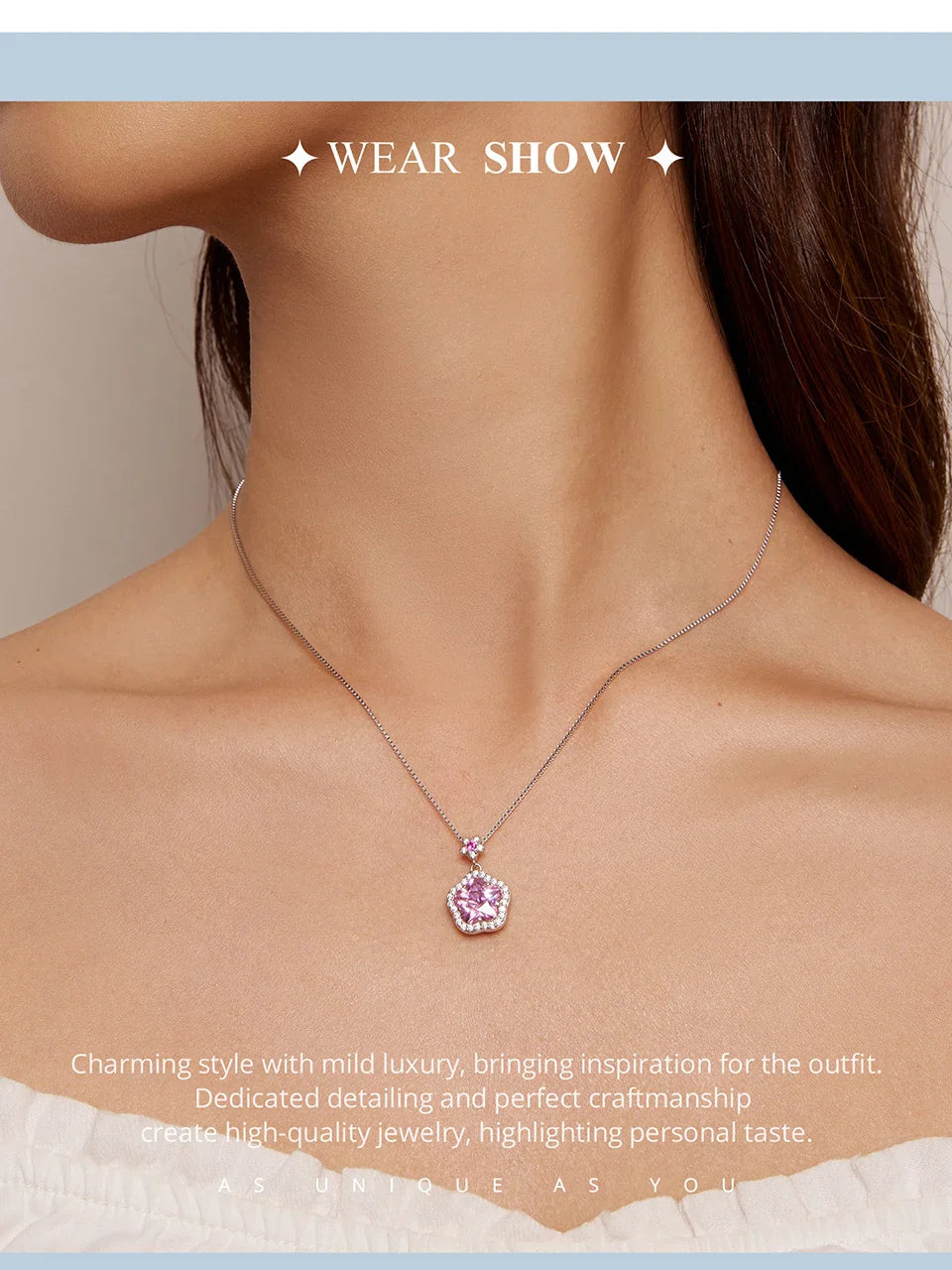 925 Sterling Silver Pink Flower Pendant Necklace Little Star Neck Chain Pave Setting CZ for Women Valentine's Day Gift