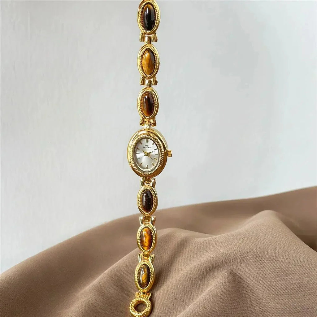 Women's Gold Watch Vintage Brown Jade Bracelet Small Dial Quartz Daily Wear Party Clock Luxury Waterproof Ladies Watches Gifts