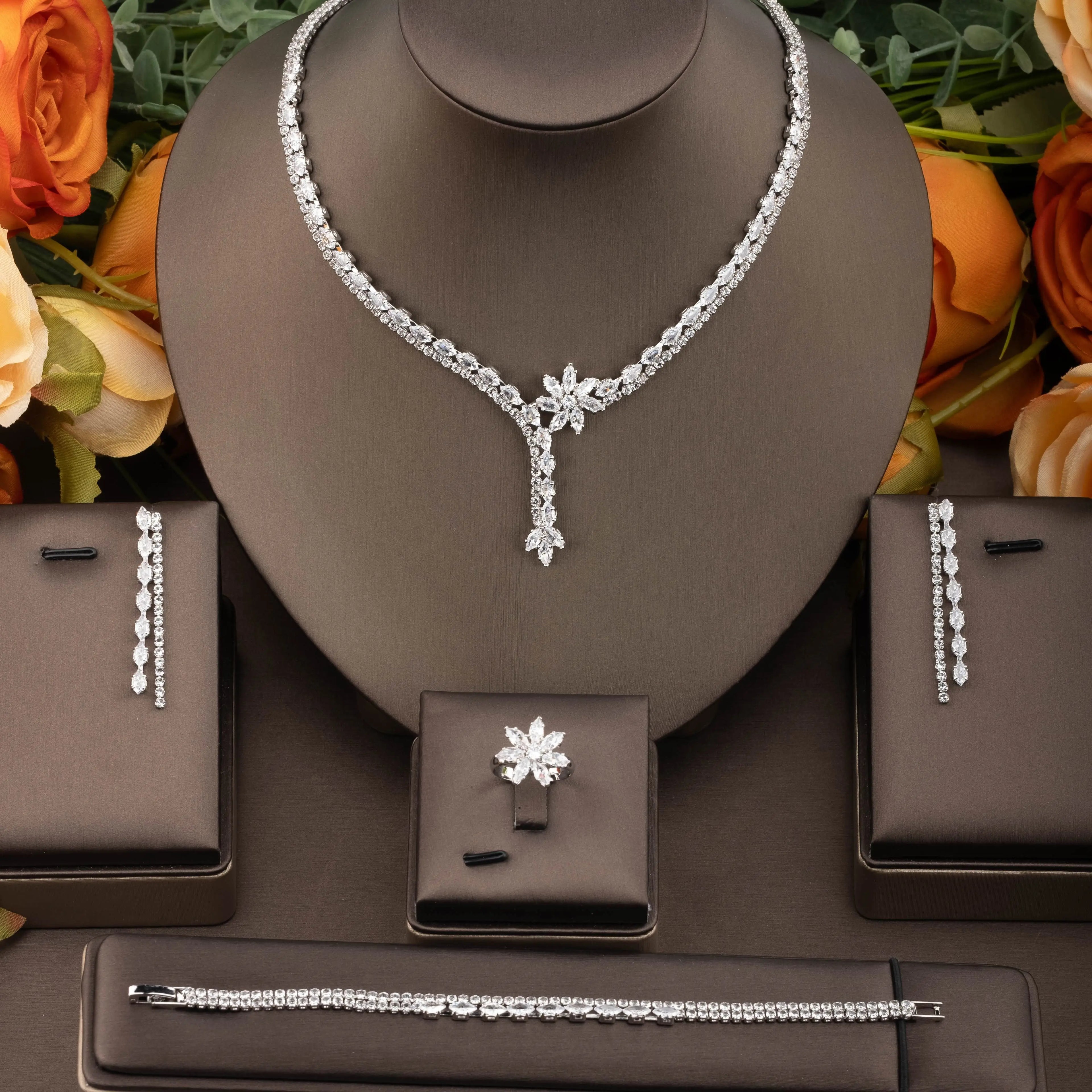 Leaf Water Drop 4pcs Necklace Pendant Set for Women Cubic Zirconia Dubia Nigeria Bridal Wedding Jewelry Set Bijoux S-351