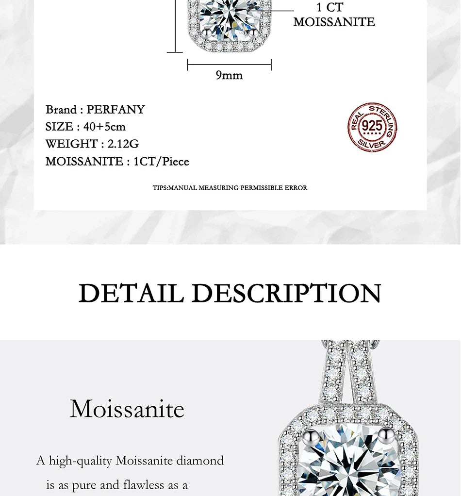 1-2CT Moissanite Necklace for Women S925 Silver Square Design Laboratory Diamond Pendant Luxurious Wedding Jewelry