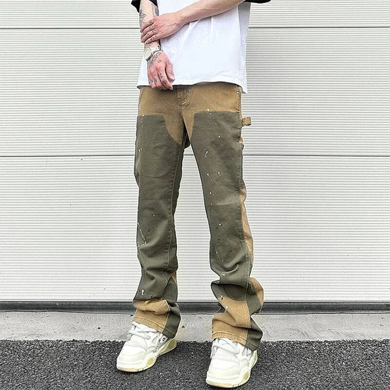 High Street Spliced Speckled Ink Micro Flare Pants for Men
