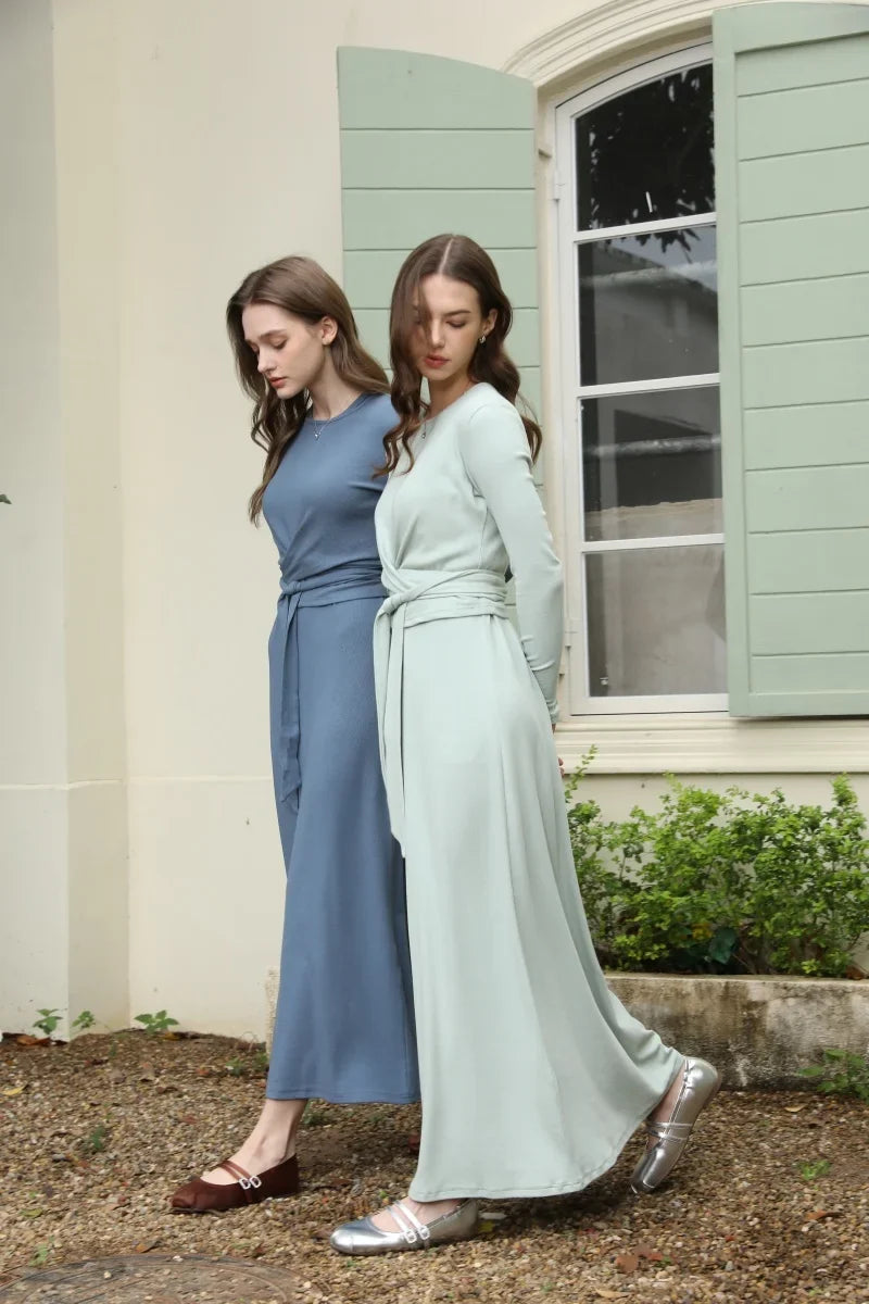 2025 summer ribbing closed-fit wrap tops + Aline dress high Stretch matching sets