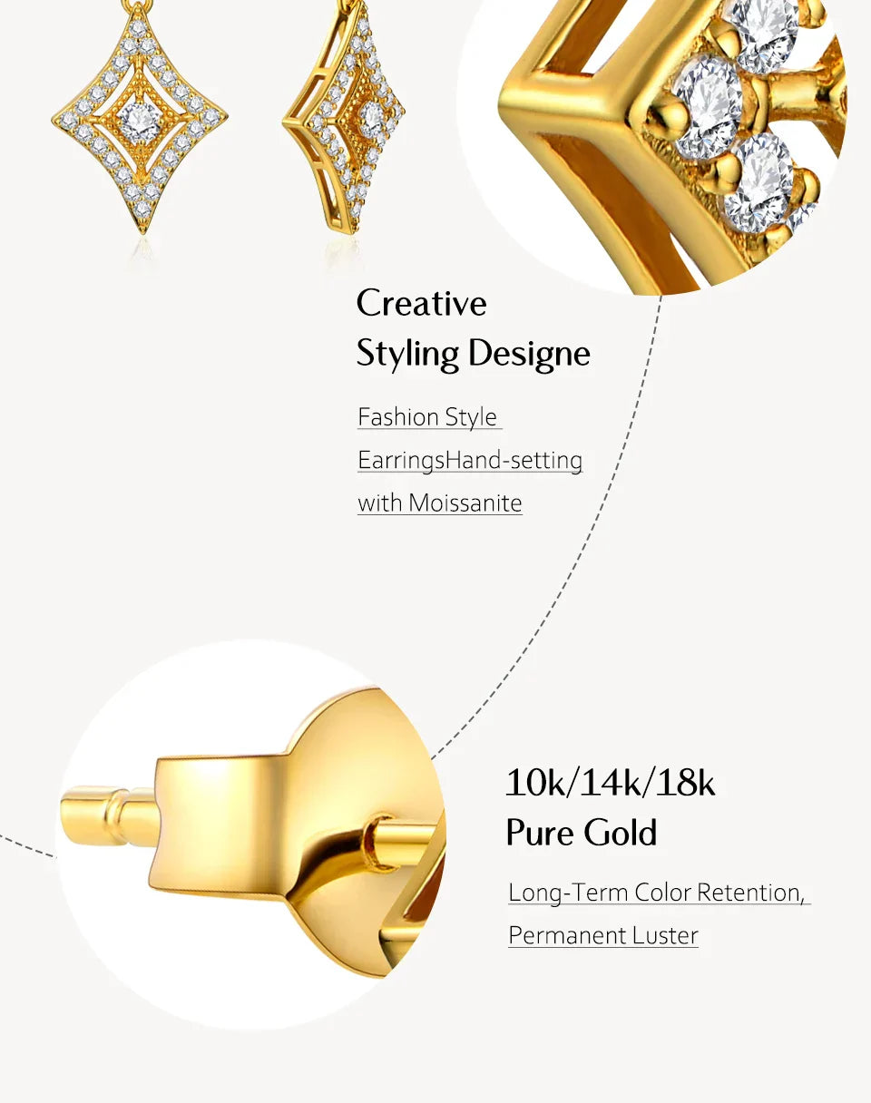 Luxurly D Color VVS1 Brilliant Moissanite Earrings for Women 925 Sterling Silver Yellow Gold Plated Anniversary Jewelry