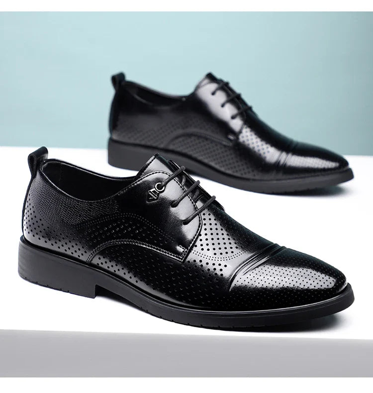 Men's Summer Breathable Leather Shoes Hollow out Fashionable Slip-On Comfortable Anti-Slip Soft Bottom Derby Shoes-SJ2501-1