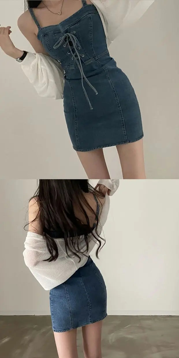 Summer Chic Design Off-oulder Denim Dr Women's Sexy Waist-Cinching Belted ort Skirt A-Line Cotton High Waist Korean Sle