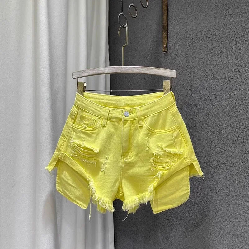 Korean Vintage Blue Sexy Ripped Jeans for Women Patchwork A-line High-waisted Denim Ultra Shorts