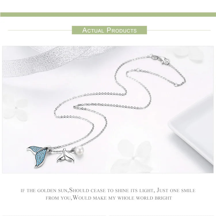 925 Sterling Silver Blue Mermaid Tail Pendant Necklace Quality Shell Pearl Bead Women Fine Jewelry Wedding Gift 17.32''