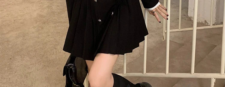 Sweet Style Suit Dress Korean Drama Main Character Waist Cinched Beautiful  Skirt College Style High Waist Double Breaste...