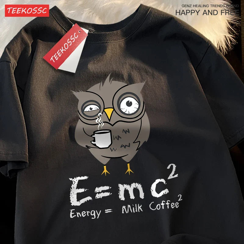 تي شيرت رجالي مطبوع عليه شعار "Energy Milk Coffee Fun Formula" من القطن بياقة مستديرة وتصميم فضفاض كبير الحجم مناسب للشارع ومناسب للزوجين