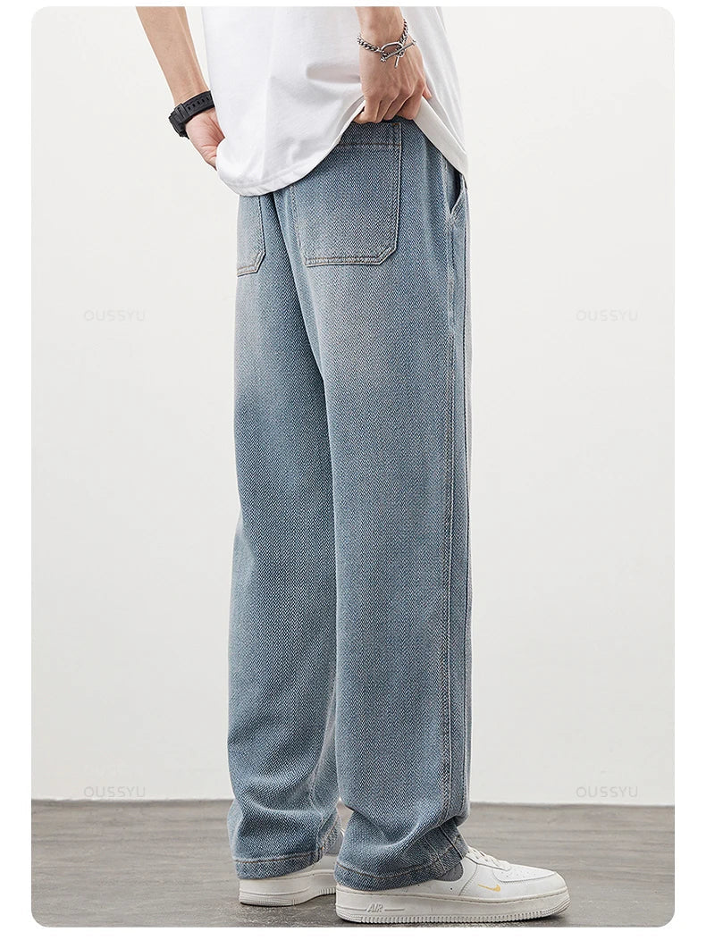 Brand Clothing High Quality Starry Sky Texture Fabric Men's Jeans Loose Straight Denim Pants Elastic Waist Drawstring Trousers