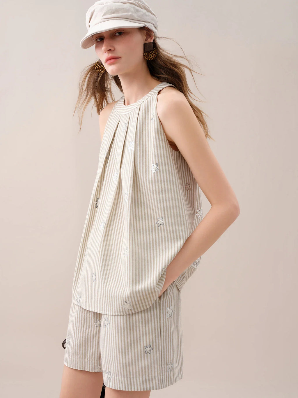 2026 Summer Women's Striped Embroidered Sleeveless Blouse - Vacation Elegance Collection for Resort