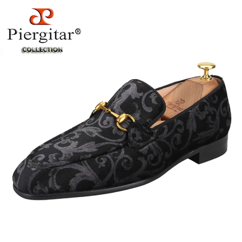 Piergitar Retro Style High-End Custom-Made Baroque Jacquard Velvet Men's Loafers With Horsebit Buckle Slip-On Smoking Shoes