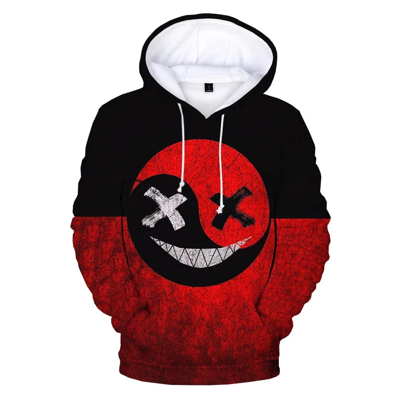 XOXO نمط تريند شيطان وجه مبتسم مطبوع ثلاثي الأبعاد هودي سويت شيرت للرجال والنساء أزياء كاجوال مضحك بلوفرات هيب هوب هوديز