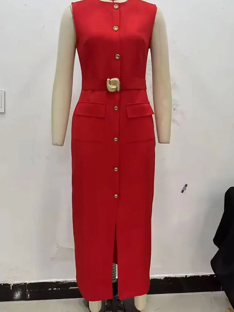 Female Summer Elegant Midi Dress O-Neck Hem Slit With Belt Sleeveless Single Breasted Back Zipper Fashion Long Dress