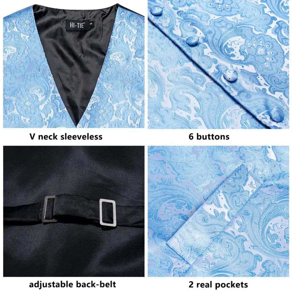 Sky Navy Royal Blue Mens Waistcoat Tie Set Sleeveless Jacket Vest Necktie Hanky Cufflinks Wedding Business Oversized Gift