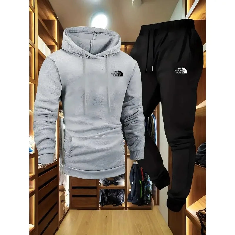 Men's Autumn and Winter Pattern Casual Two-Piece Set Hooded Sweatshirt and Pants with Pockets Regular Fit Outdoor Sport Suit