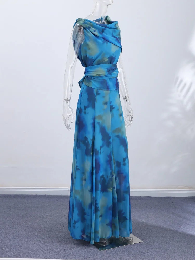 Women's Elegant Blue Watercolor Print Maxi Dress Sleeveless Cowl Neck Satin Formal Evening Gown A-line Floor Length Party Dress