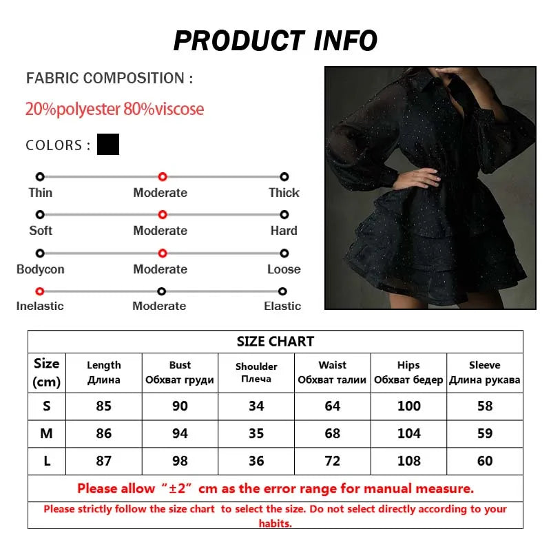 Fashion Black Rhinestone Women's Dress Casual Lapel Long Sleeve Button Dresses Elegant New Lace-Up Pleated Mini Dresses