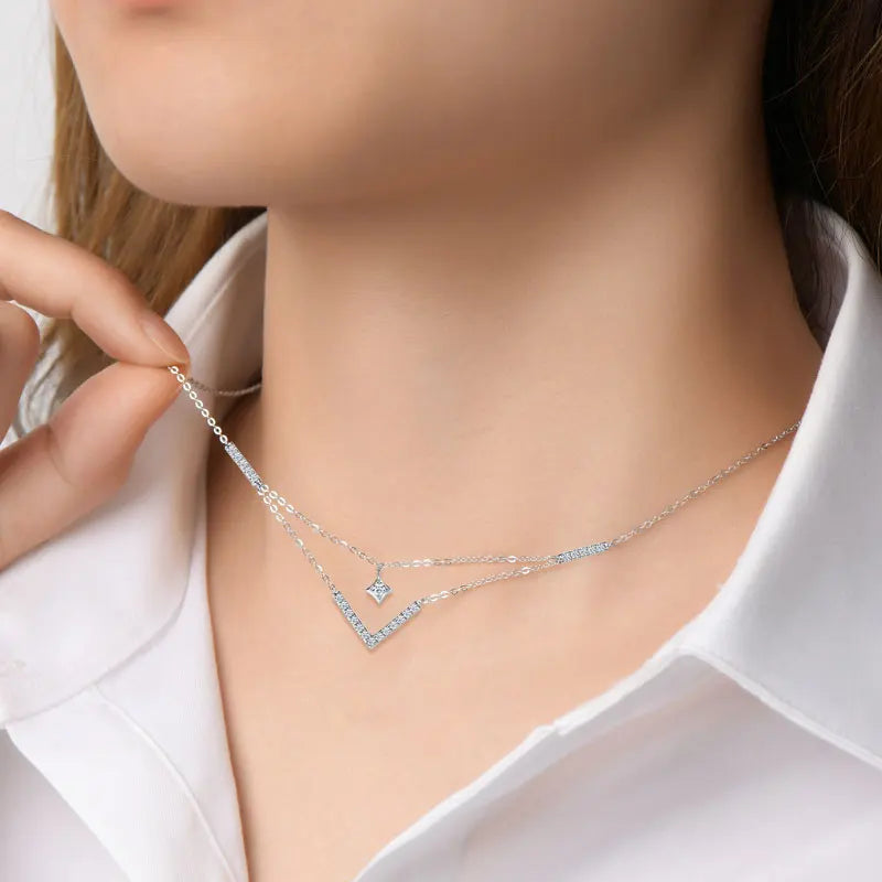 Sparkling 3mm&1.8mm Round Moissanite Necklace 925 Sterling Silver Fashion V-Shape Necklaces for Women Fine Jewelry Gift