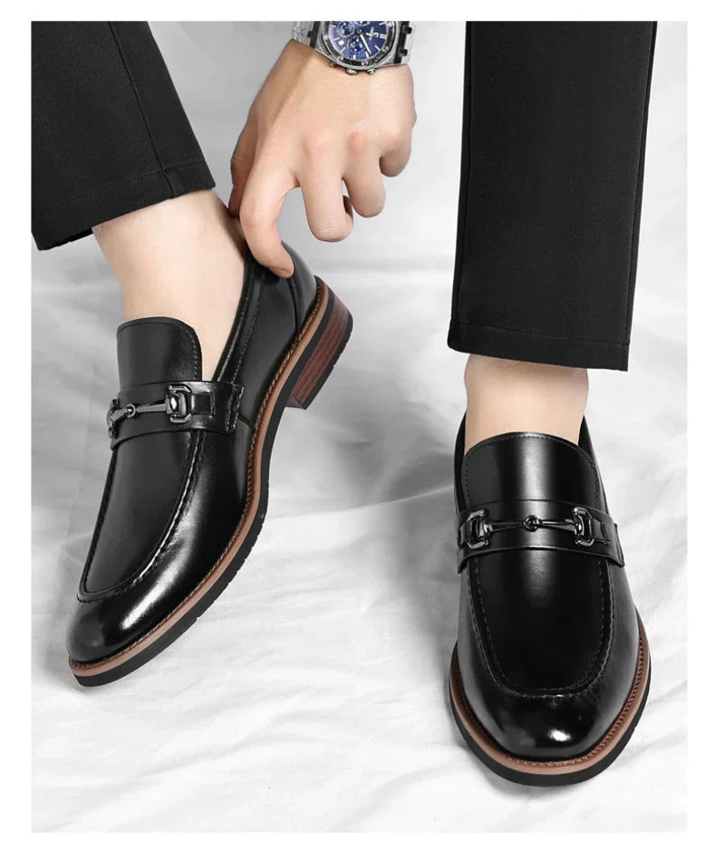 Mens Brown Burnished Genuine Leather Horsebit Loafers Slip On Formal Business Office Wedding Groom Daily Wear Shoes Simple New