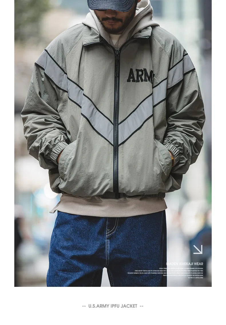 ARMY Reflective Hooded Contrasting Color Bomber Jacket Sports Quick-drying Jacket Loose IPFU Training Suit for Men's Daily