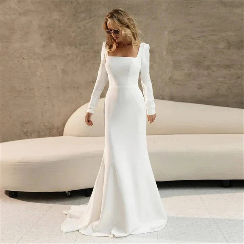 Elegant Satin Wedding Dresses Long Sleeves Mermaid Square Collar
