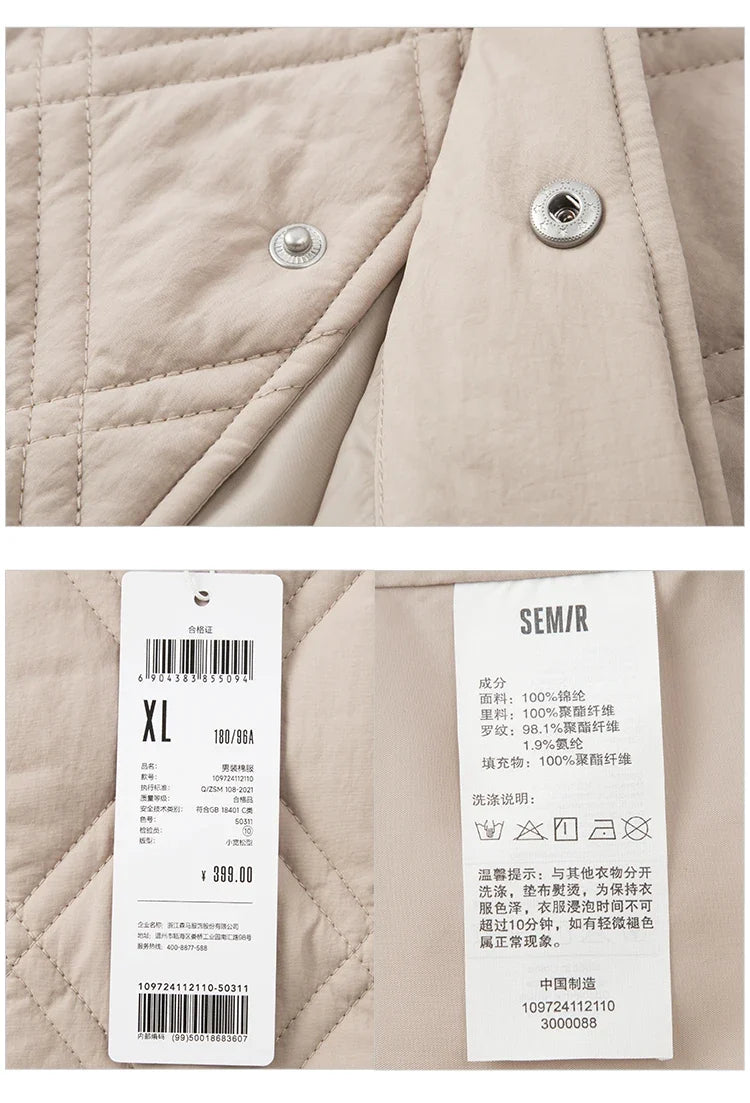 Cotton Jacket Men 2024 Winter New Slightly Wrinkled Quilted Rhombus Texture Thin Baseball Trendy Cotton Jacket
