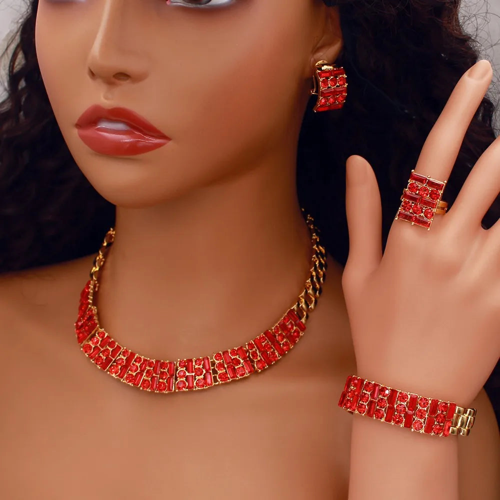 Red Zircon Wedding Jewelry Set Tennis Necklace Bracelets Square Earring Ring Italian Nigeria Women Jewellery 2025 New