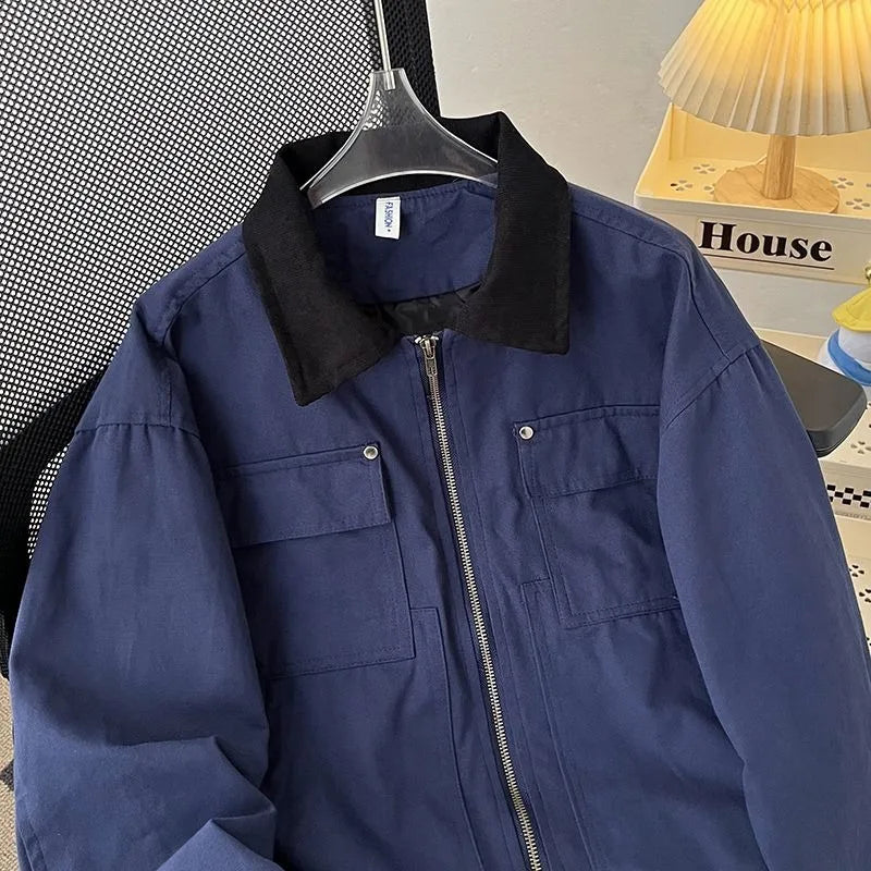 American Retro Workwear Jacket Loose Casual Men's Pilot Style Outerwear Trendy Polyester Fiber Zipper Closure Spring Autumn