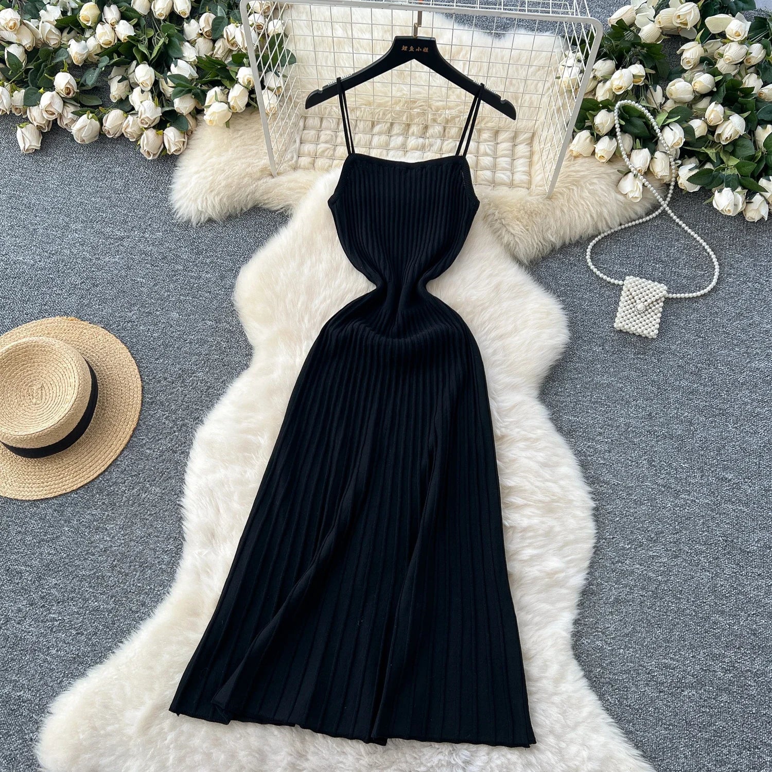 Knitted Pleated Long Dress High Waist Midi Sling Dress Elegant Sleeveless Yellow Dress Women Streetwear Black Bodycon Dress