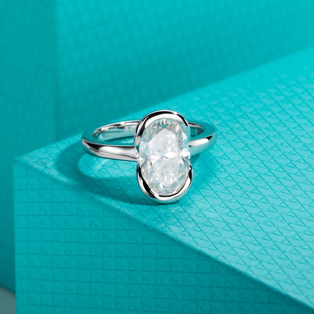 3ct D Color Oval Moissanite Engagement Ring 925 Sterling Silver Half Bezel Setting Solitaire Promise Rings for Women