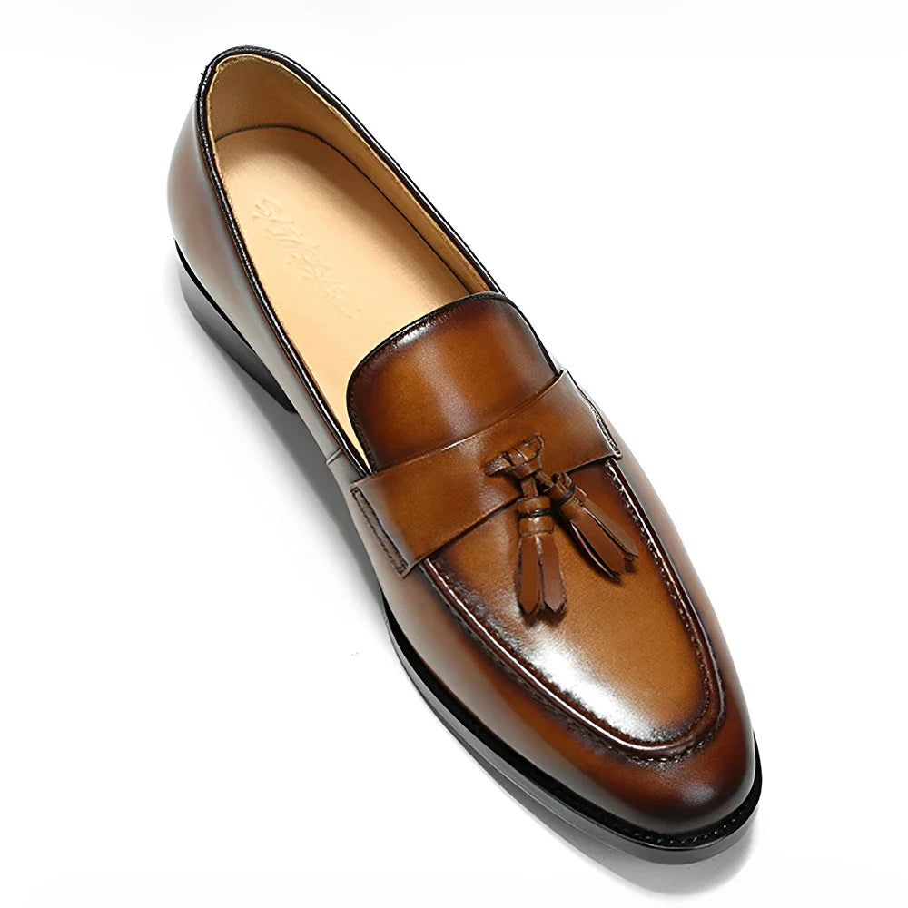 Men's Brown Leather Tassel Loafers, Formal Slip-on Dress Shoes for Business, Wedding