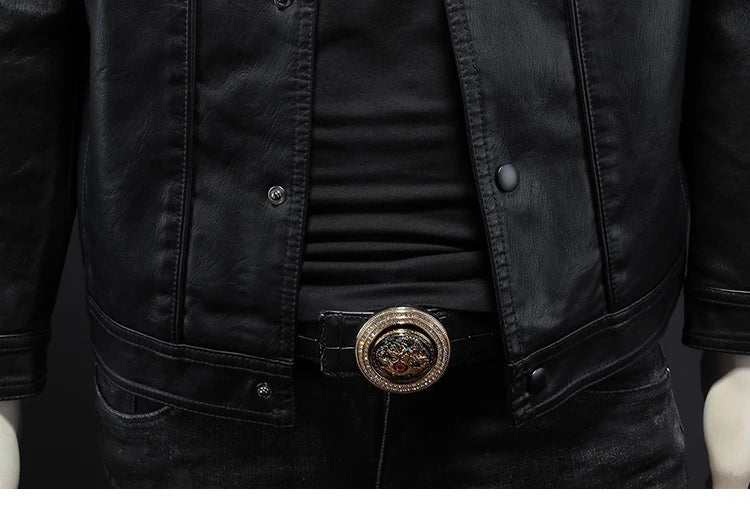 2024 Autumn and Winter New Men's Fashion Handsome with Solid Color Boutique Lapel Motorcycle Leather Coat Slim Fashion  M-5XL